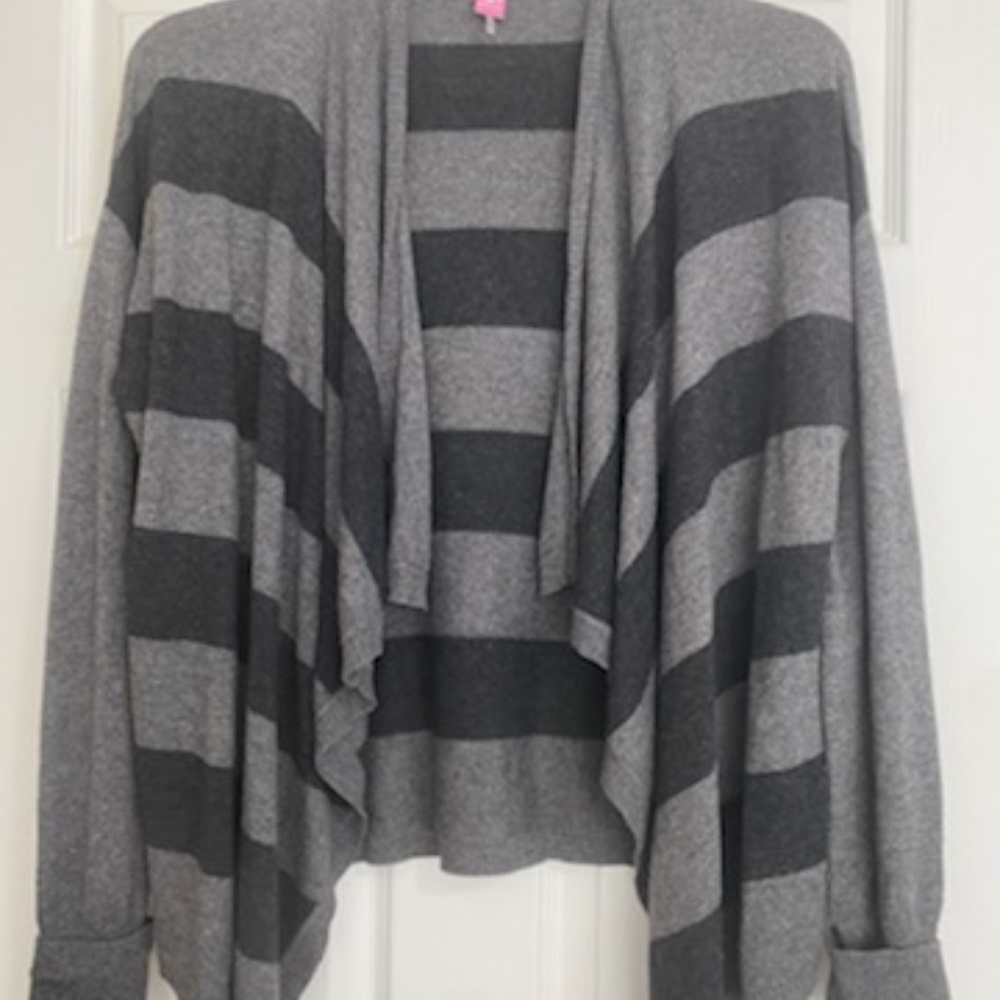 Basler stripe gray black cardigan 42 US 10 Waterfall draped cashmere Angora wool